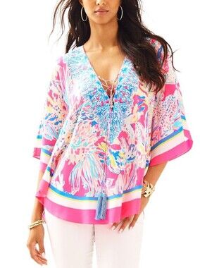 Lilly Pulitzer Lettie Silk Caftan Top Women’s Small Medium Dragonfruit Resort Tr